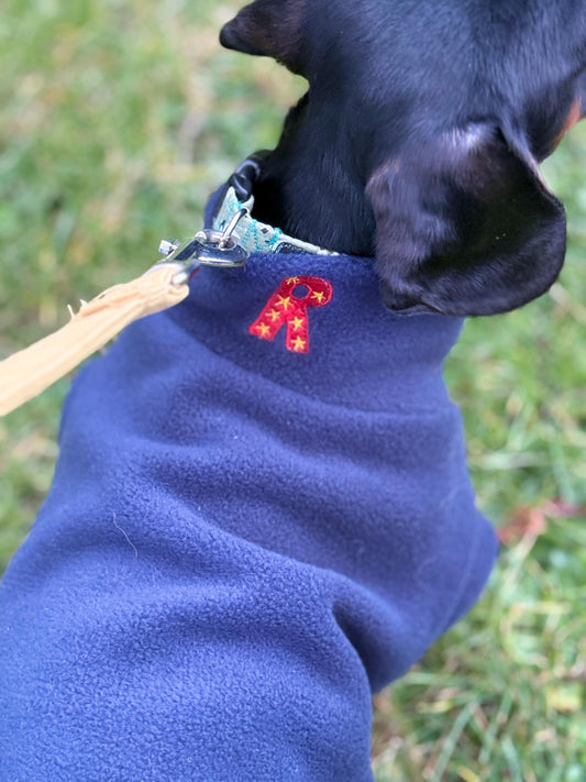 Embroidered Initial Dachshund Fleece Jumper: Water Repellent Dog Coat