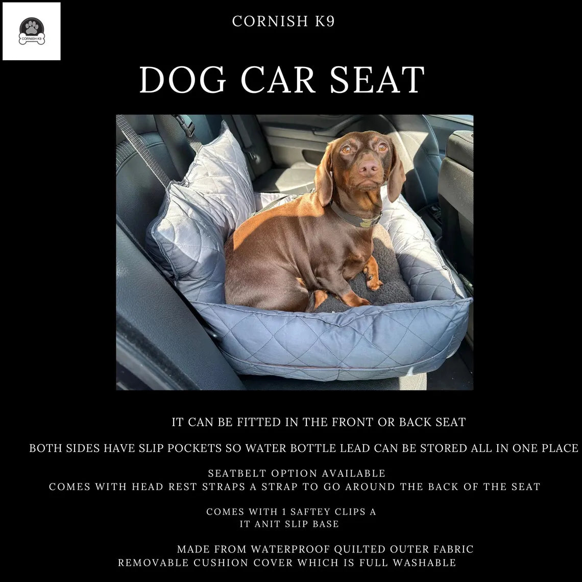Waterproof Quilted Dog Car Seat: Sherpa Fleece Cushion, Adjustable Straps.