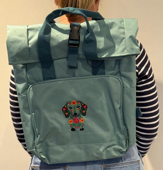 Embroidered Dachshund Roll Top Rucksack: Recycled Polyester Dog Backpack