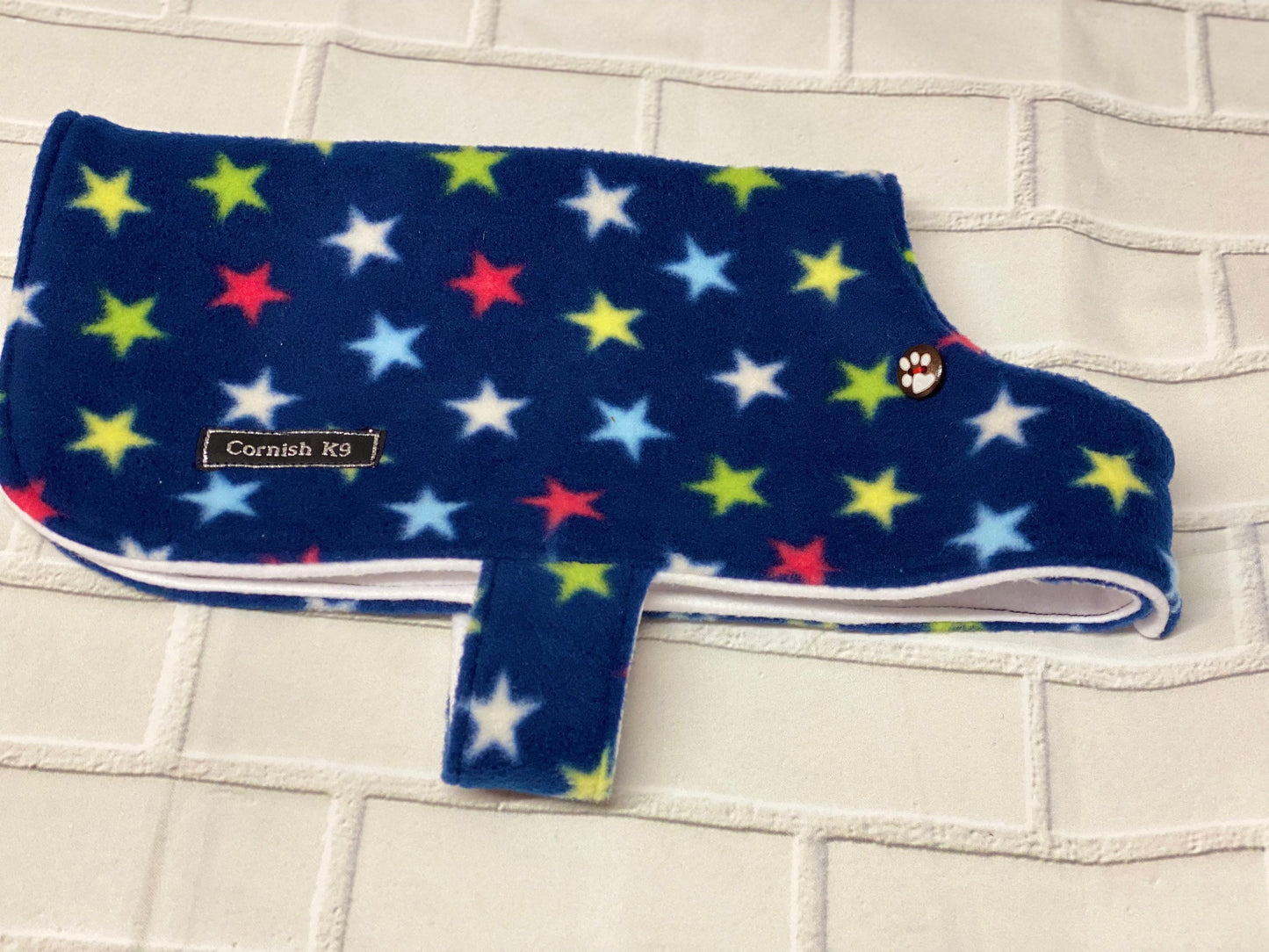 Dachshund Fleece Dog Coat: Navy Star Print, Water Repellent