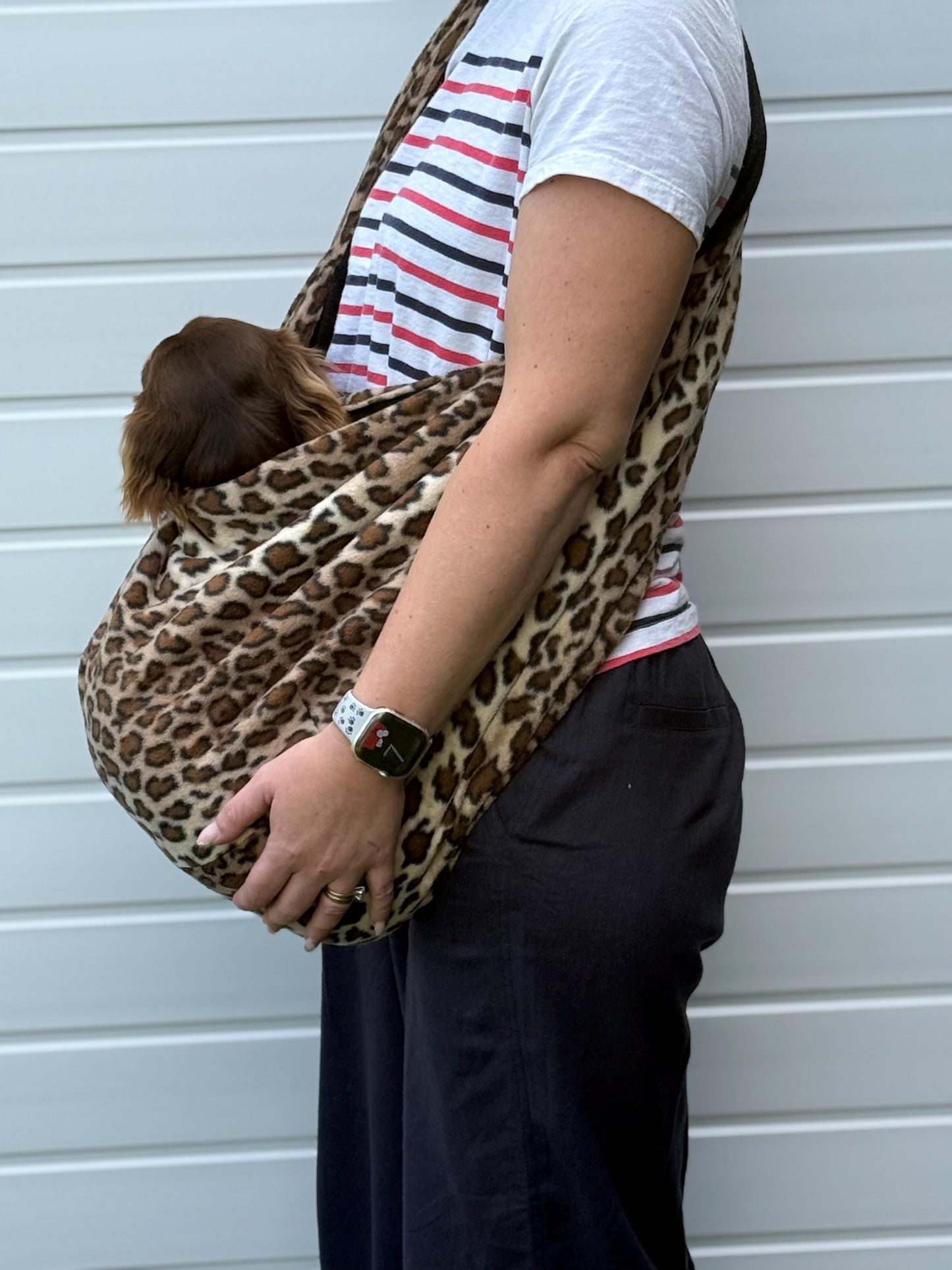 Leopard Print Dachshund Dog Sling Carrier: Polar Fleece, Swivel Hook