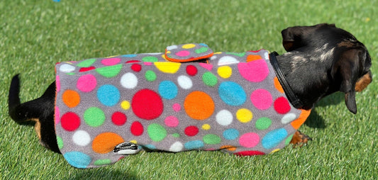 Polka Dot Dachshund Fleece Dog Coat: Water & Mud Repellent