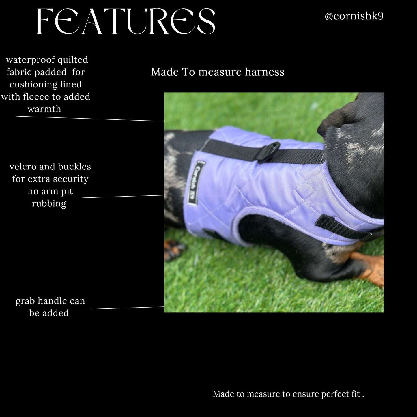 Waterproof Quilted Dachshund Harness: Fleece Lined, No-Rub Design