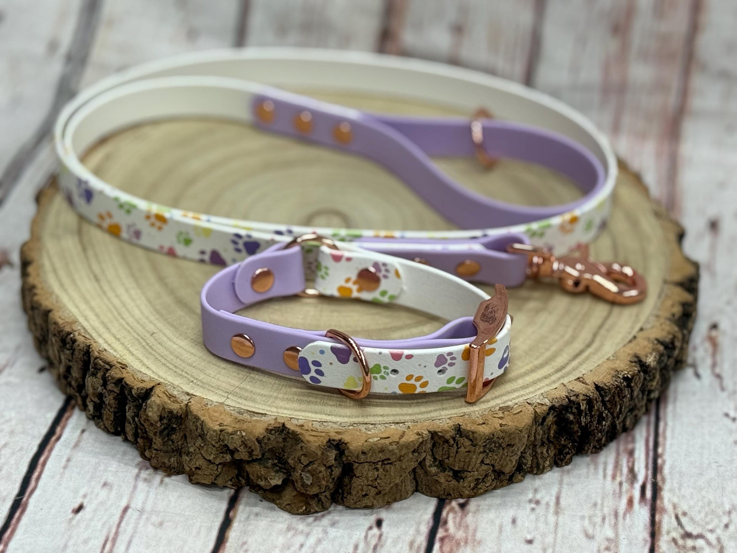 Waterproof Biothane Dog Collar & Lead Set: Rose Gold Hardware