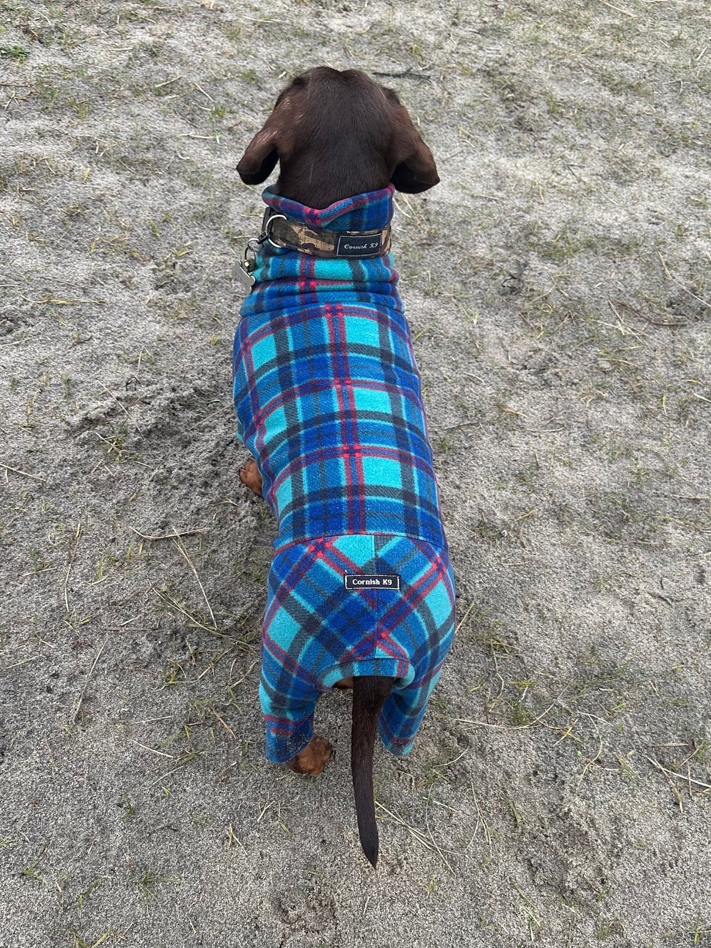 Tartan Fleece Dachshund Onesie: Water Repellent Dog Jumpsuit
