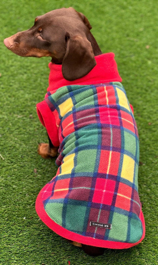 Plaid Fleece Dachshund Jumper: Water & Mud Repellent Dog Coat