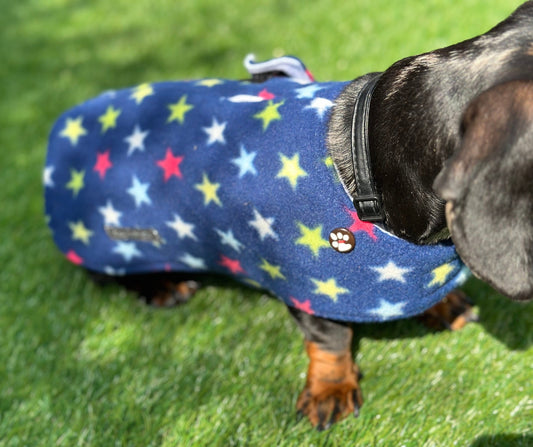 Dachshund Fleece Dog Coat: Navy Star Print, Water Repellent