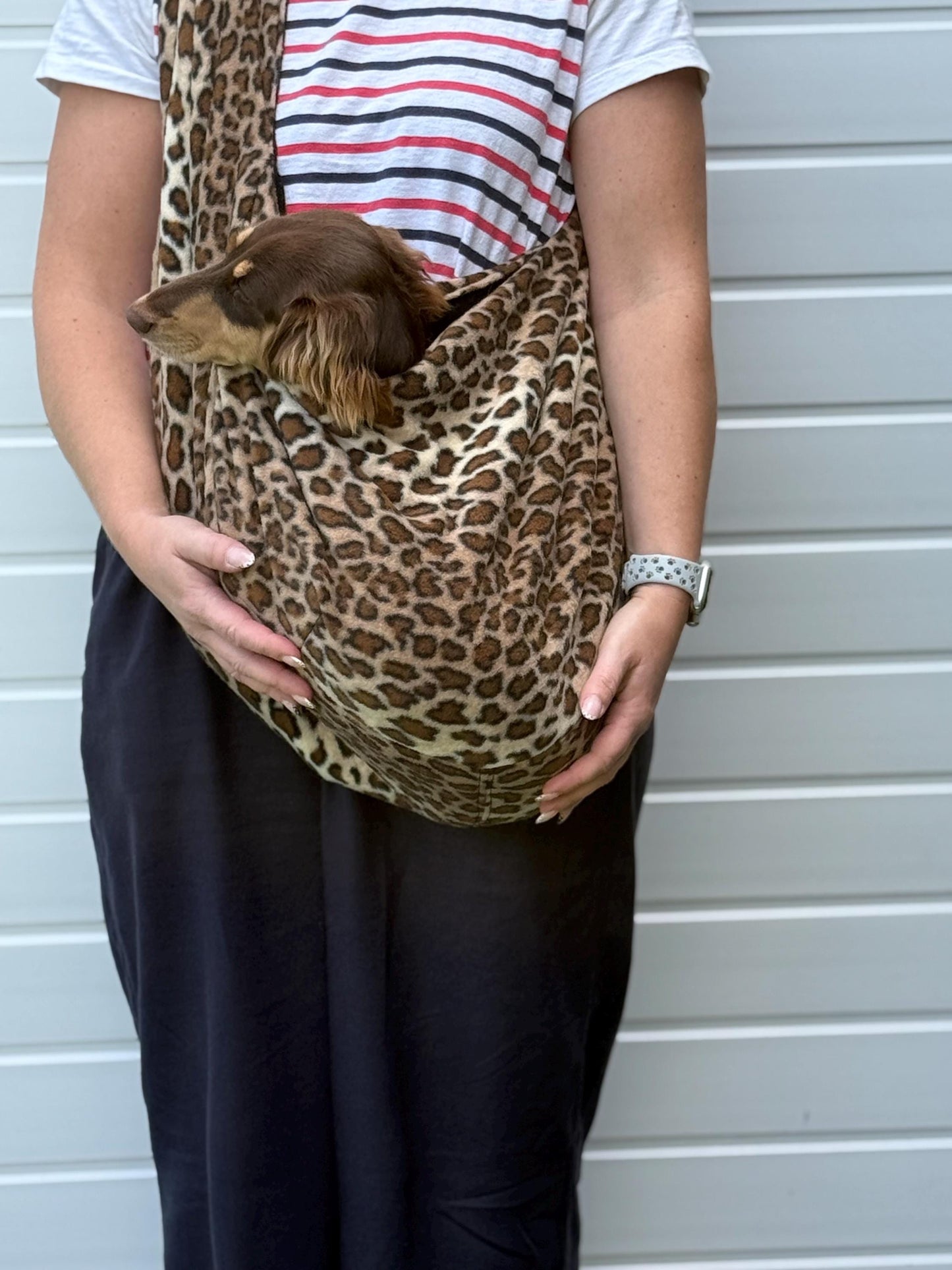 Leopard Print Dachshund Dog Sling Carrier: Polar Fleece, Swivel Hook