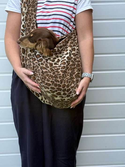 Leopard Print Dachshund Dog Sling Carrier: Polar Fleece, Swivel Hook