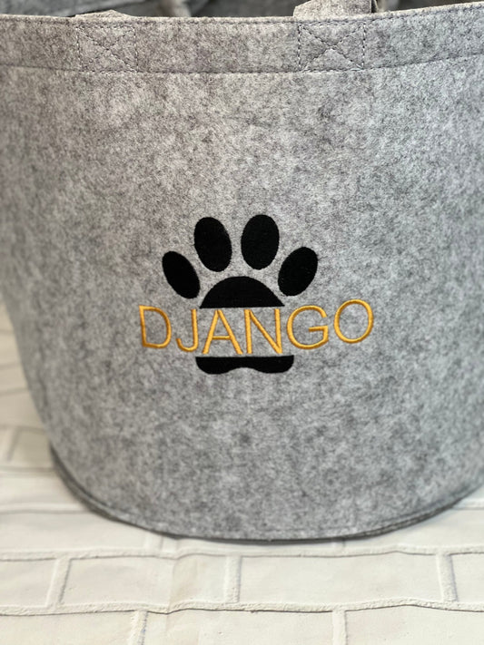 Personalized Dog Toy Basket: Felt Storage with Paw Print