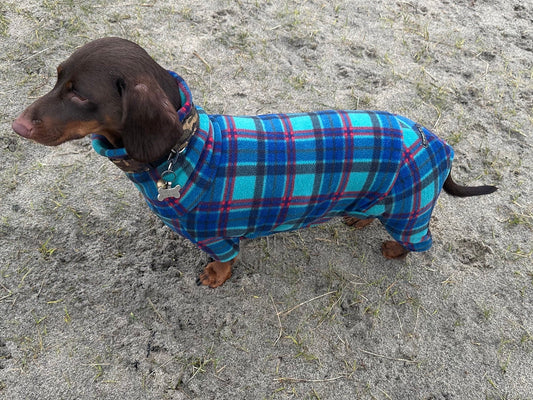 Tartan Fleece Dachshund Onesie: Water Repellent Dog Jumpsuit