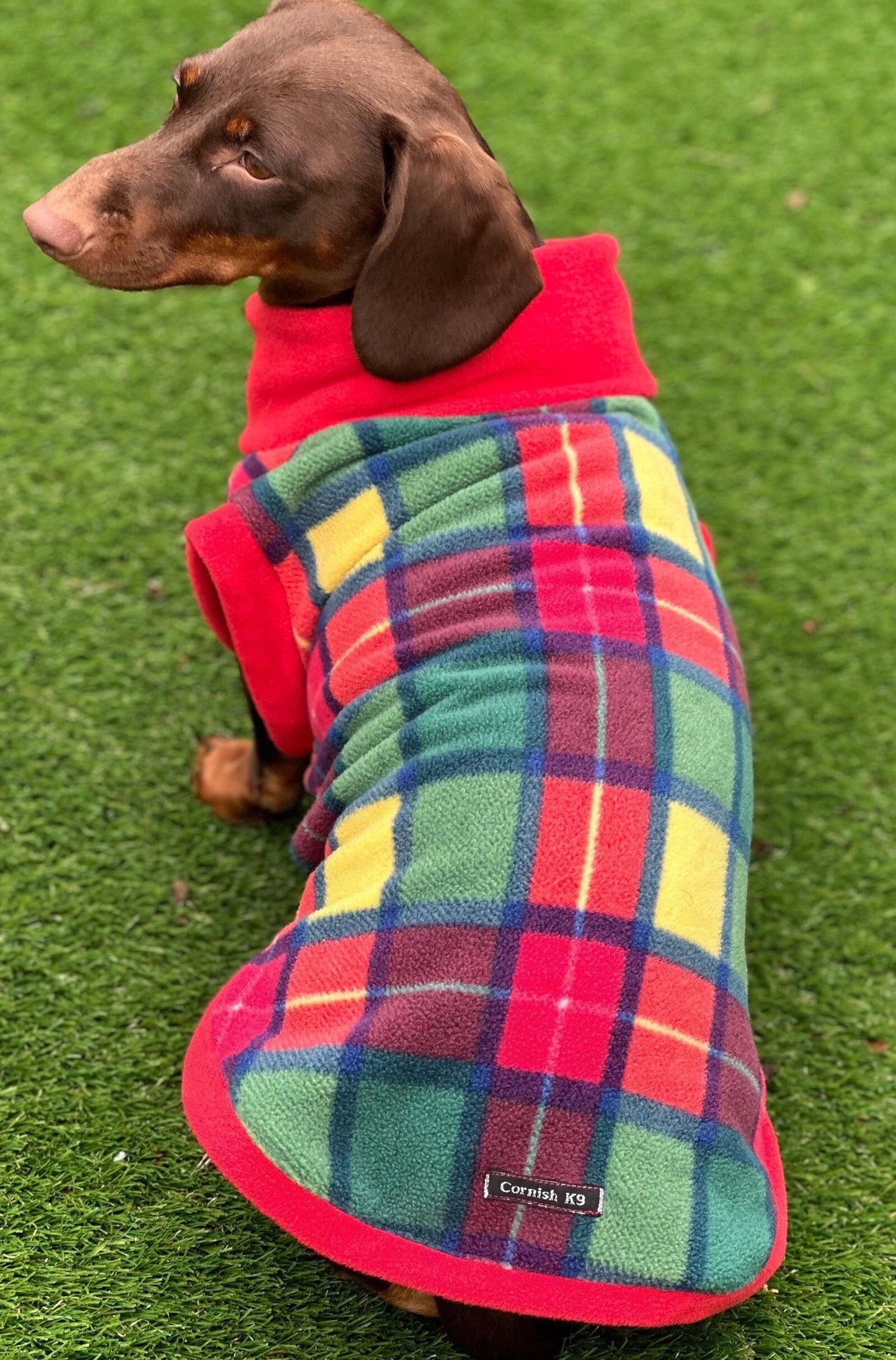 Plaid Fleece Dachshund Jumper: Water & Mud Repellent Dog Coat