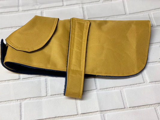 Mustard Waterproof Dachshund Dog Coat: Fleece Lined, Harness Hole