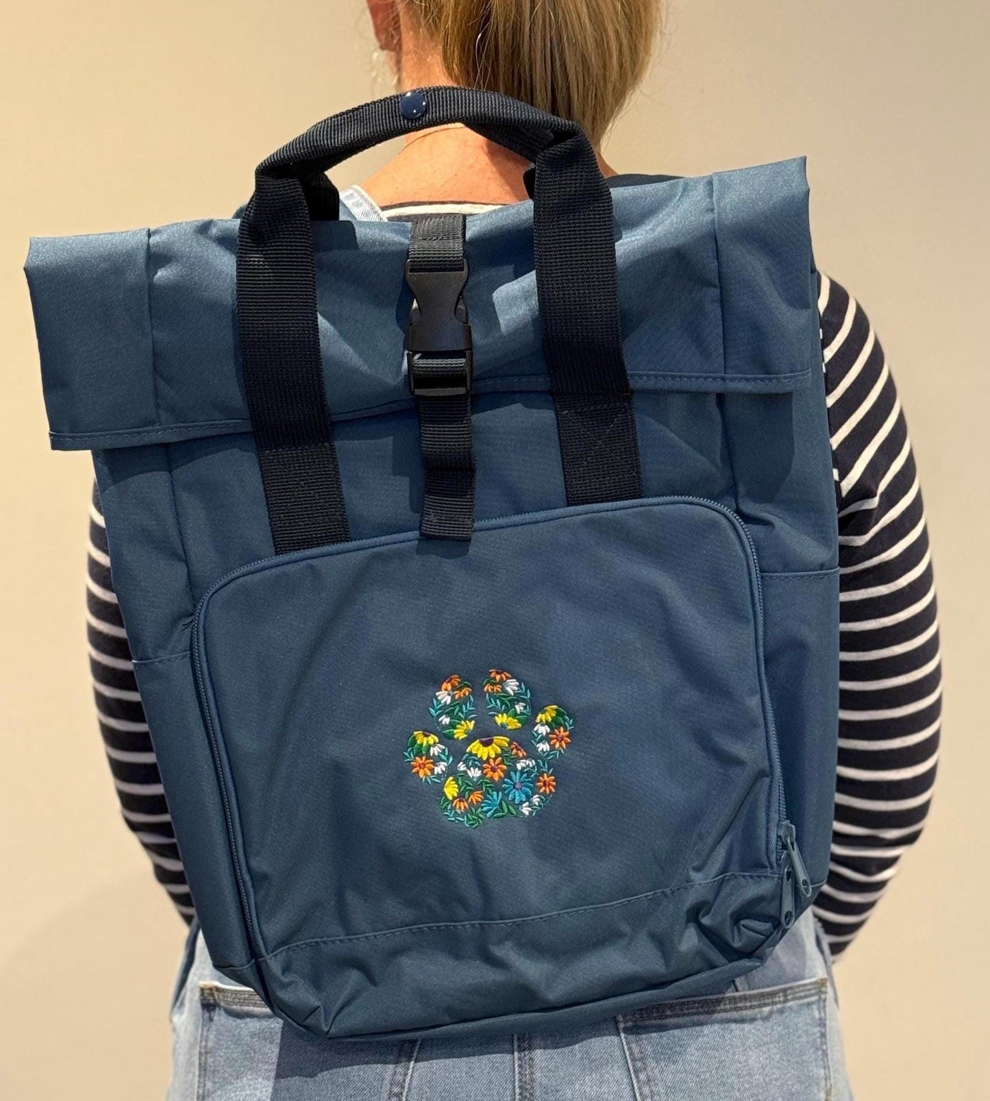 Floral Paw Print Roll Top Backpack: Recycled Polyester Dog Rucksack