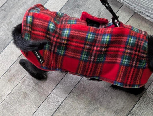 Tartan Fleece Dachshund Dog Coat: Water Repellent, Harness Hole