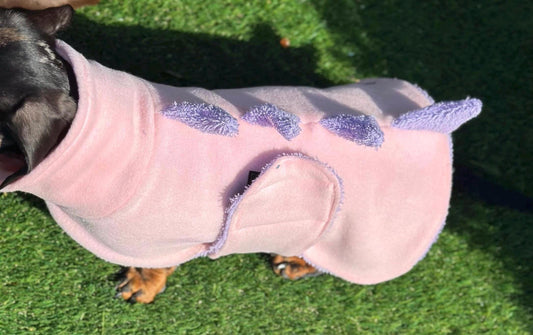 Dachshund Dino Fleece Dog Drying Coat: Absorbent Cotton Terry Lined