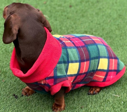 Plaid Fleece Dachshund Jumper: Water & Mud Repellent Dog Coat