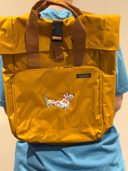 Embroidered Dachshund Roll Top Backpack: Recycled Polyester Rucksack