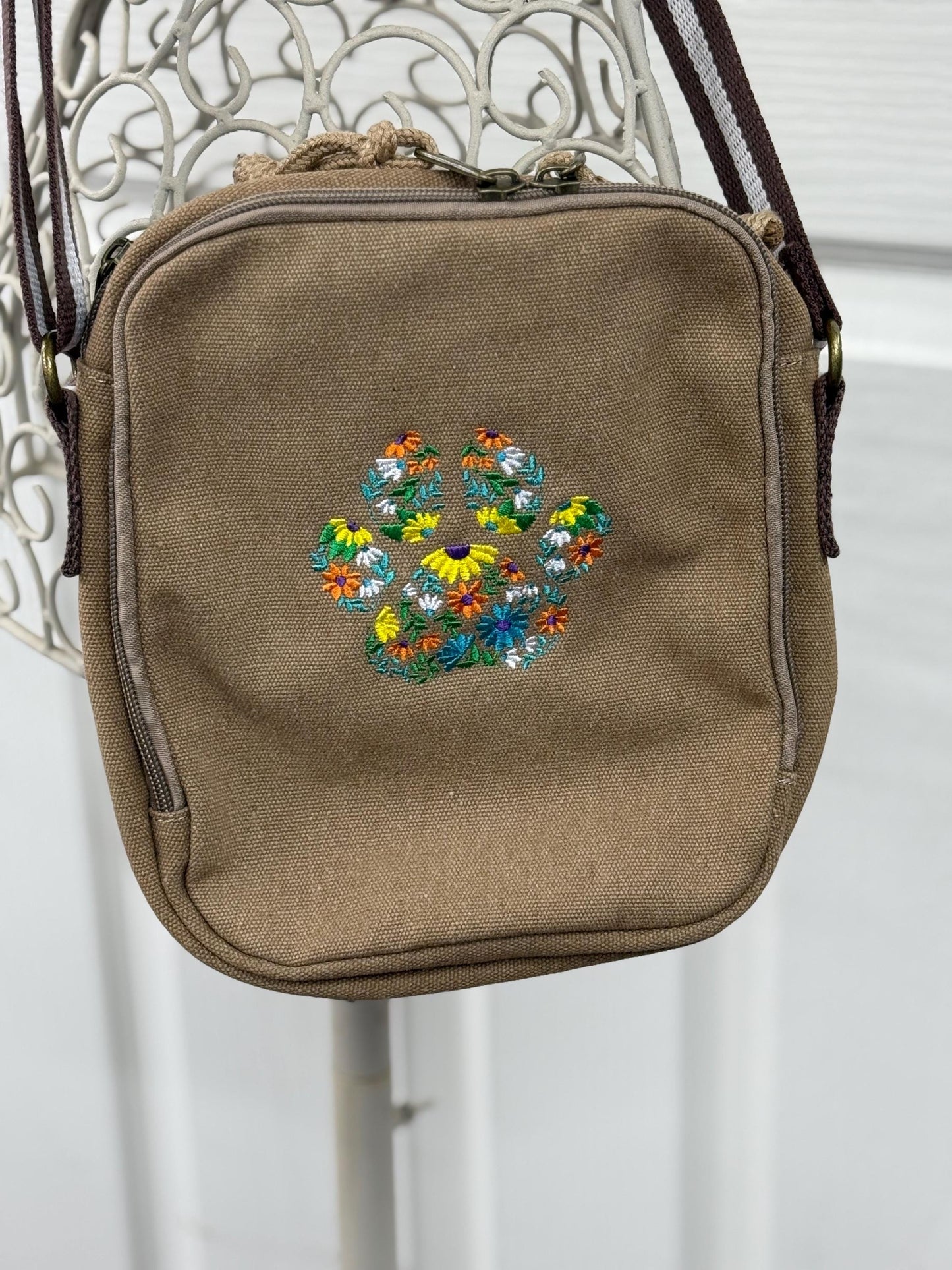Embroidered Paw Print Canvas Crossbody Bag: Dog Walker Gift