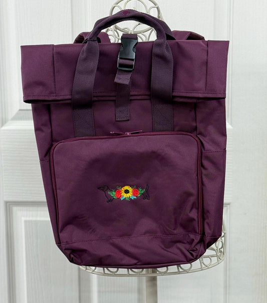 Dachshund Embroidered Roll Top Rucksack: Recycled Polyester Dog Lover Gift