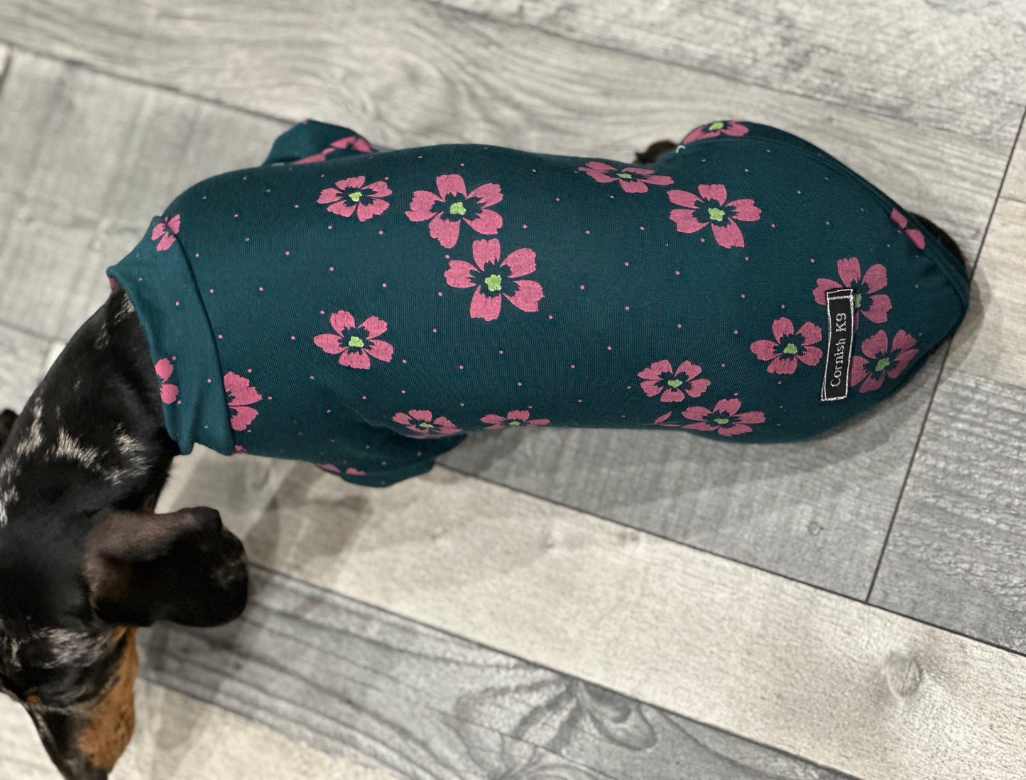 Dachshund Cooling Top: Pink Flowers on Emerald Green Viscose