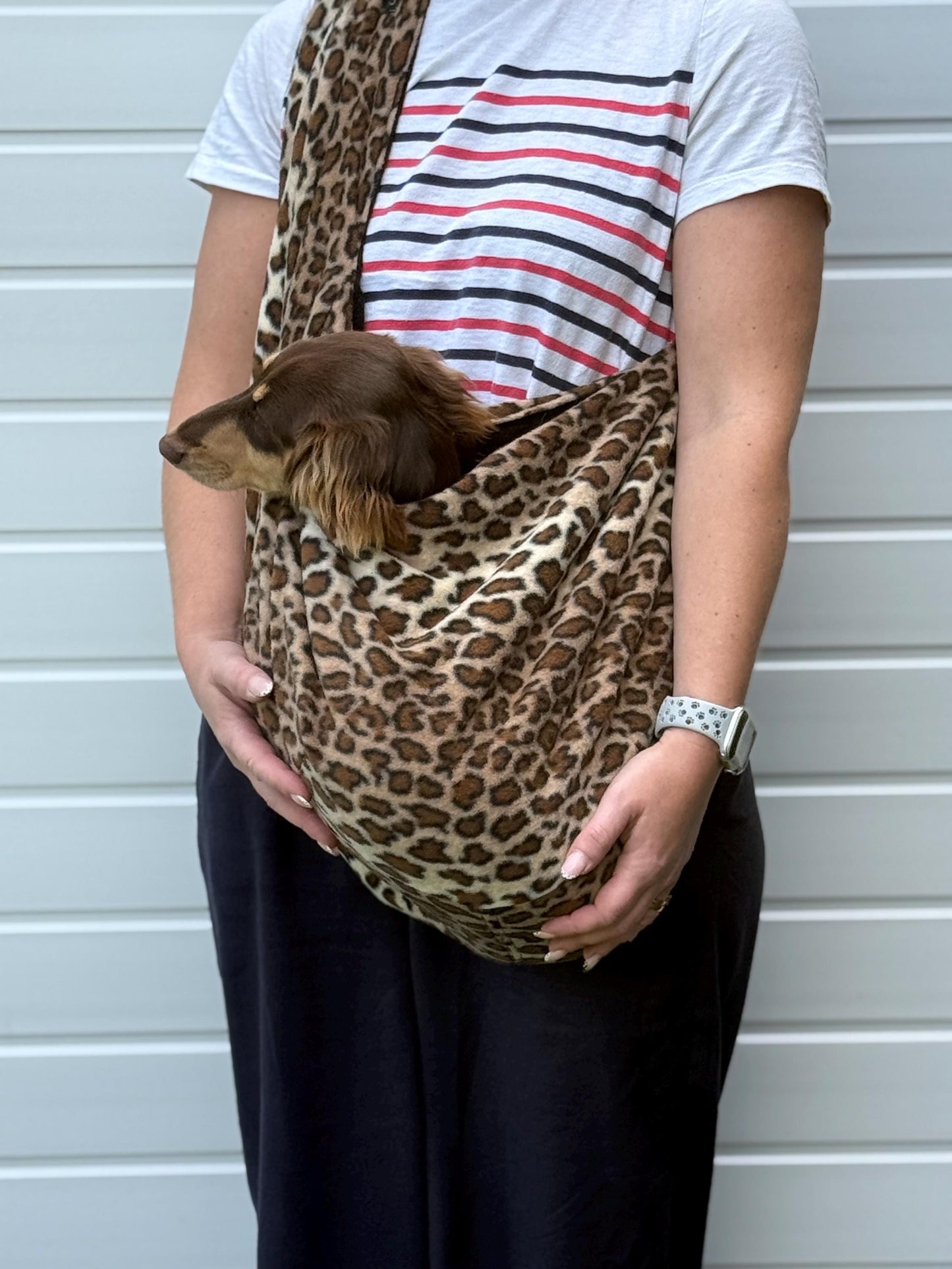 Leopard Print Dachshund Dog Sling Carrier: Polar Fleece, Swivel Hook