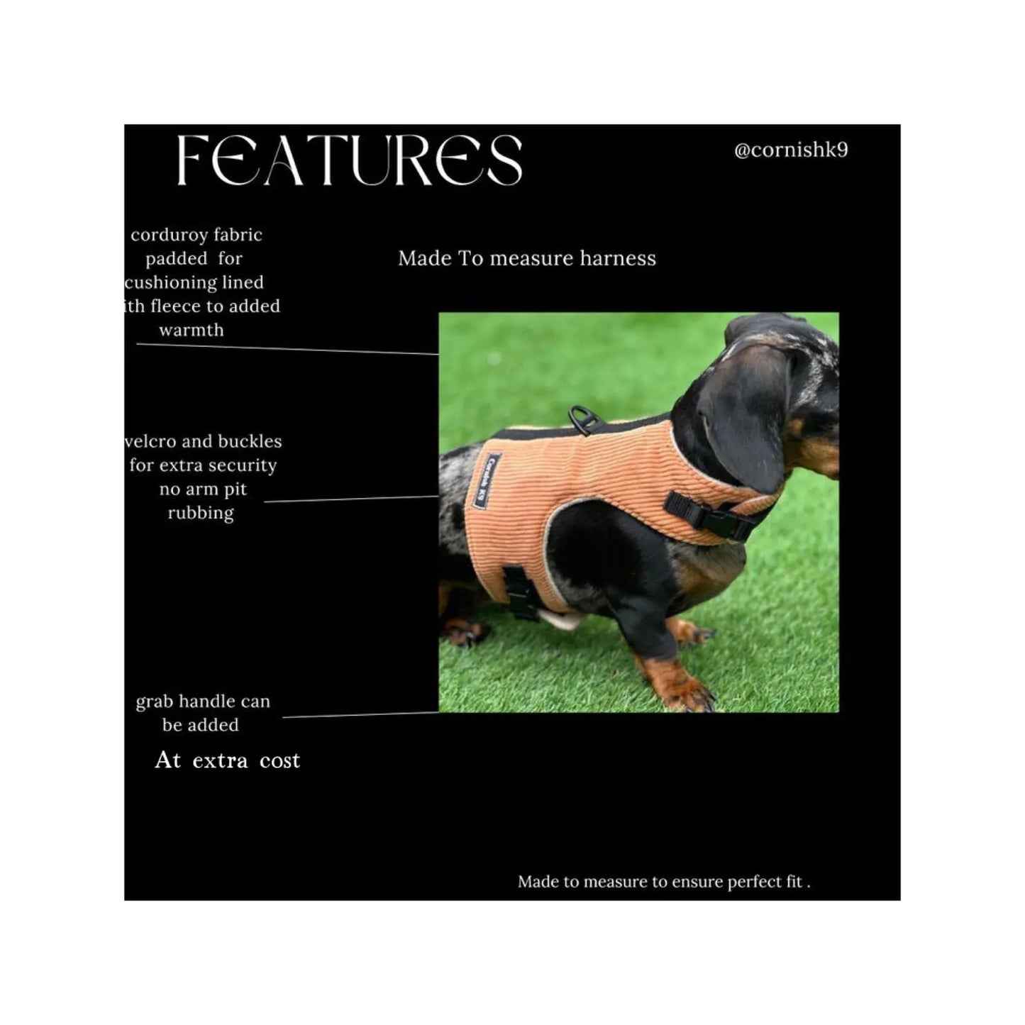 Corduroy Dachshund Harness | Fleece Lined Adjustable Dog Harness