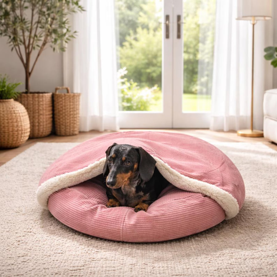 Luxury Corduroy Dog Bed Cave | Sherpa Fleece Lined Burrow Bed for Dachshunds & Dogs